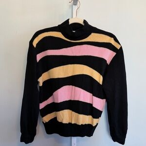 St John Striped Black, Pink, and Yellow w/ Gold Accents Women's Mockneck Sweater